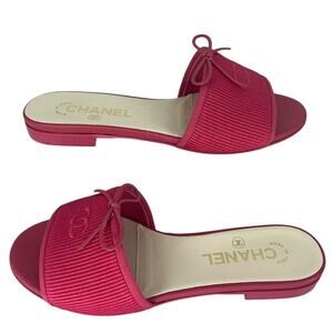 Chanel 24P Dark Pink Embroidered CC Bow Mule Slide Flat Sandals Size 37